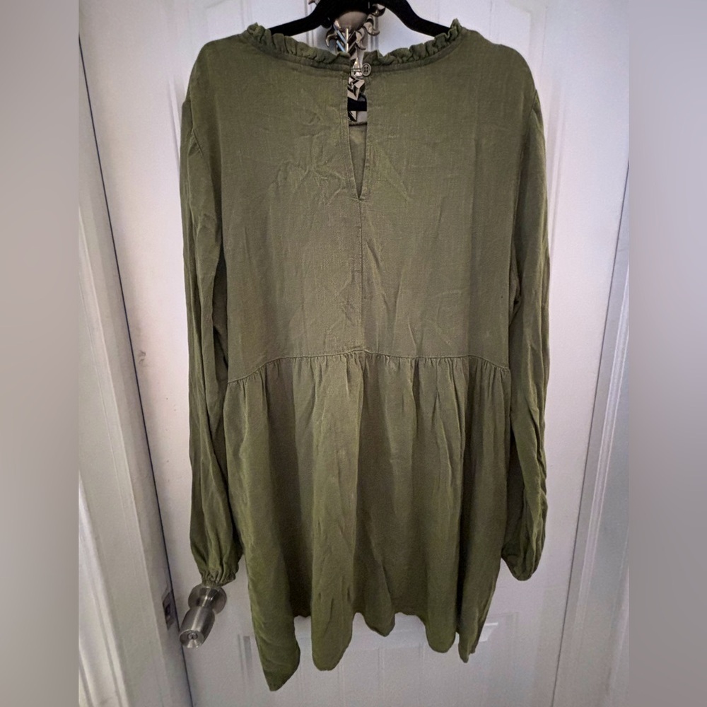 Heyson Size 1XL Green Washed Gauze Ruffled High Neck Long Sleeve Dress - Picture 6 of 13